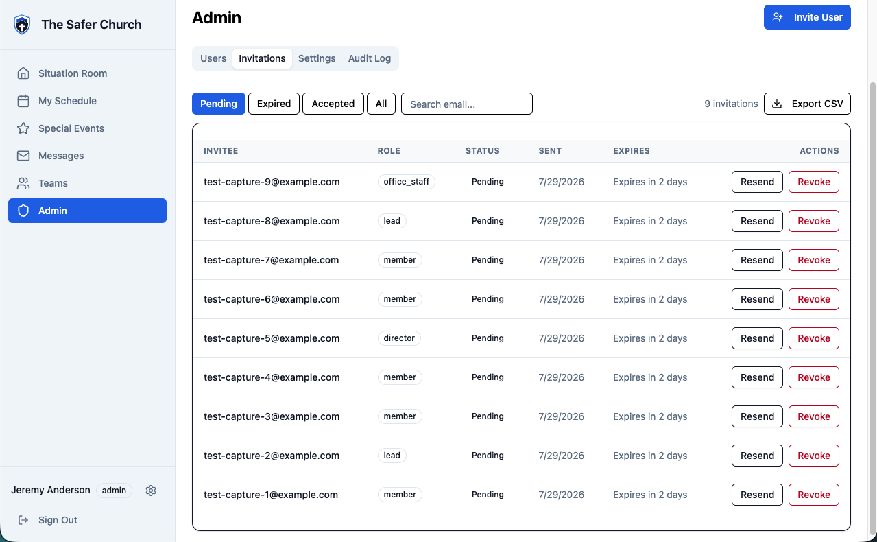 The Invitations tab, Pending filter, listing nine pending invitations with role, sent date, expiry, and Resend/Revoke buttons