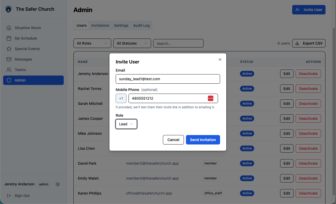 The Invite User dialog, filled with an email, phone number, and Lead role selected