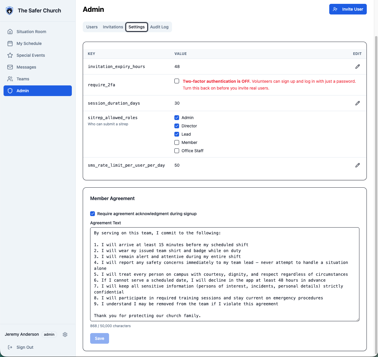 The Settings tab, showing invitation_expiry_hours, the require_2fa checkbox with its off warning, sitrep_allowed_roles checkboxes, sms_rate_limit_per_user_per_day, and the Member Agreement card